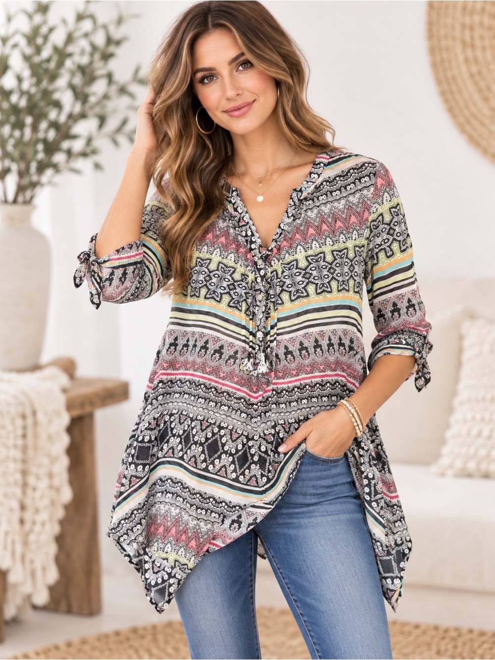 Democracy Geometric Print Roll-Tab Sleeve Blouse
- Small